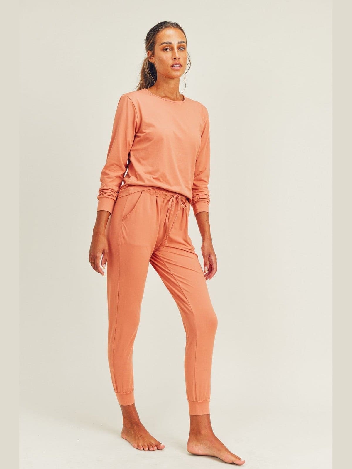 Brushed Soft Peach Skin Long Sleeve Lounge Set - LEGDAY EVERYDAY