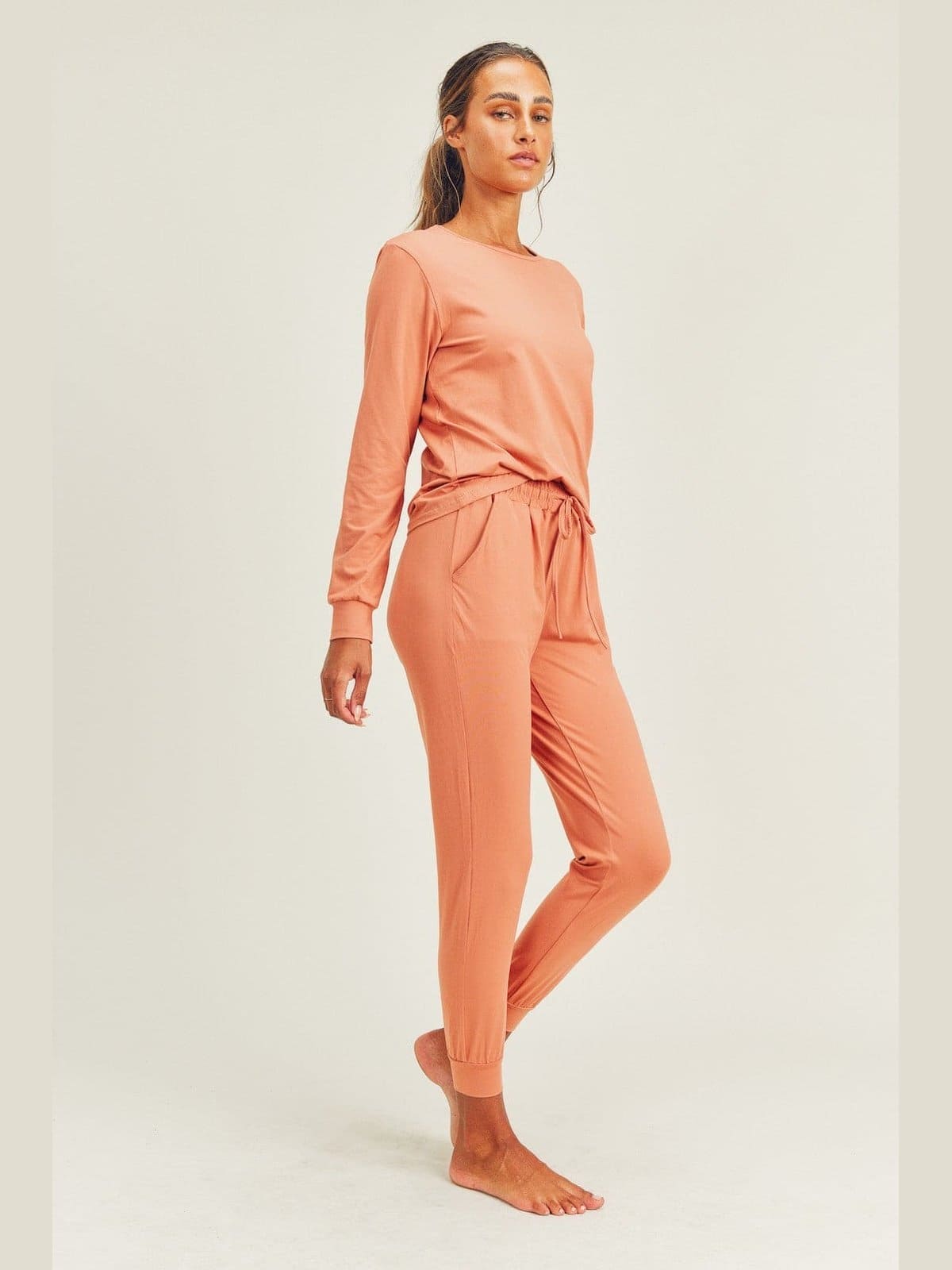 Brushed Soft Peach Skin Long Sleeve Lounge Set - LEGDAY EVERYDAY