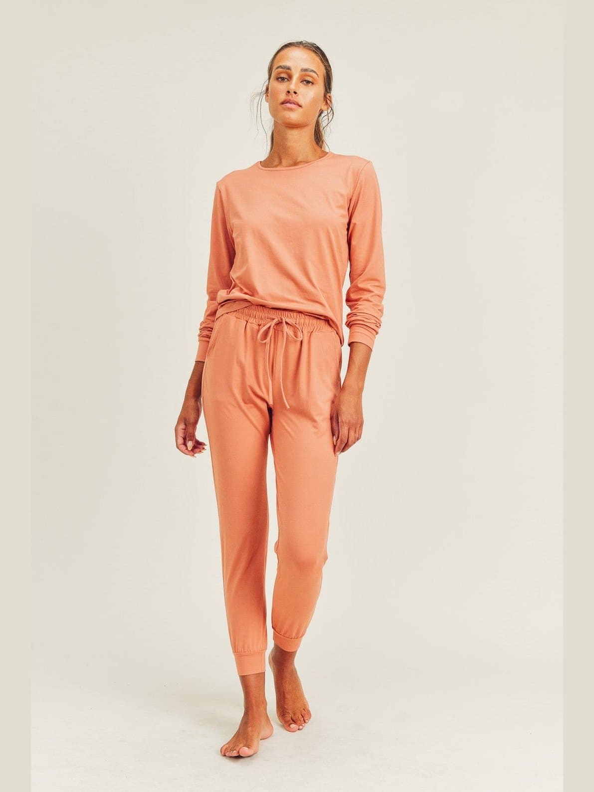 Brushed Soft Peach Skin Long Sleeve Lounge Set - LEGDAY EVERYDAY