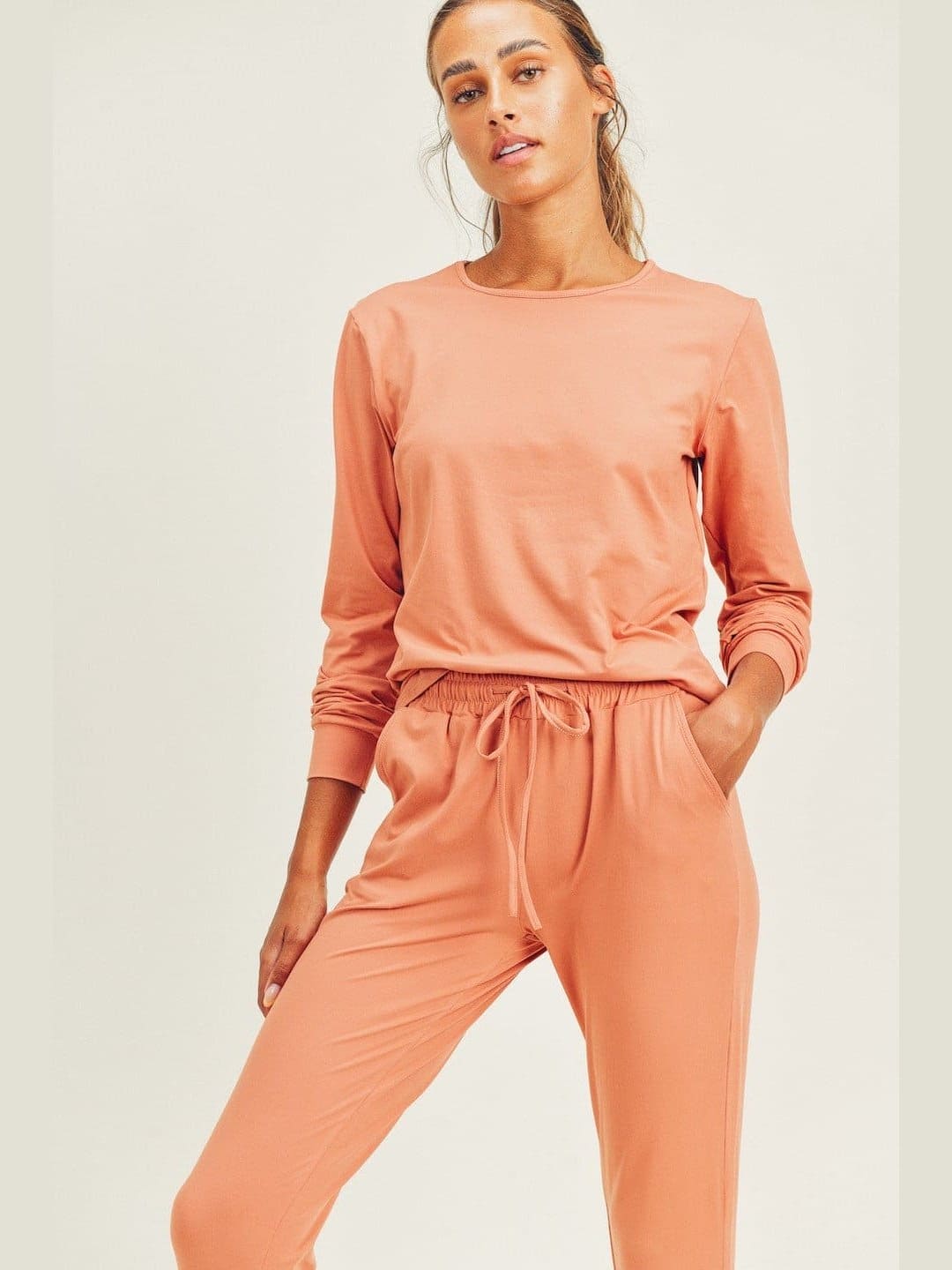 Brushed Soft Peach Skin Long Sleeve Lounge Set - LEGDAY EVERYDAY